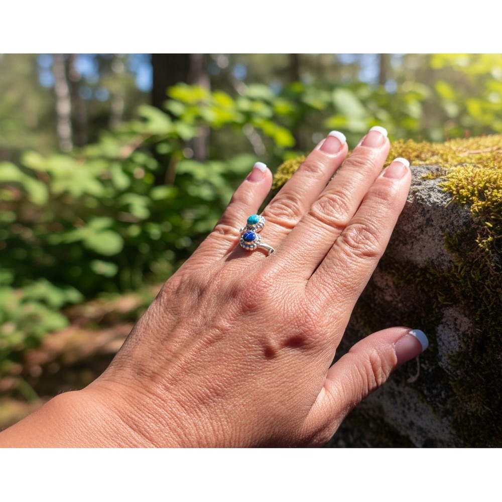 Navajo Jerome Yazzie Inlay Ring‎ Bypass Design Turquoise & Lapis Lazuli Sz 8.5**